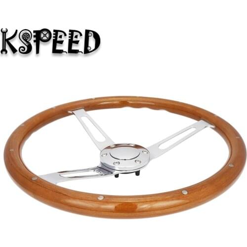 15 inch 38cm Black wooden steering-wheel with rivet universal vintage classic wood car steering wheel with chrome spoke
