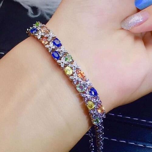 Sapphire bracelet Free shipping 100% Real natural sapphire Bracelet 925 sterling silver Bracelet