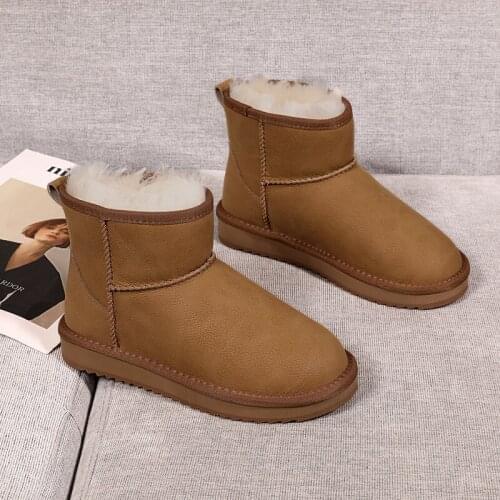 35-40 Winter New Leather Wool Snow Boots Flat Thick Pure Color Warm Cotton Shoes Non-Slip Wearable Short-tube For Women Boots