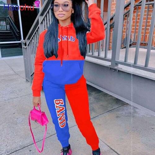 HAOOHU Letter Print Tracksuit 2pcs Women Set Hoode Top Sweatshirt+Jogger Pants Two Pieces Sets Women Clothing Suits Female