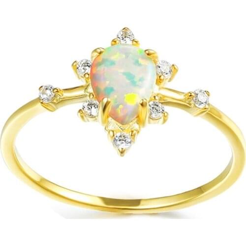 Sterling silver gold ring white opal ring high sense edge inlaid white zircon tail ring water drop shape opal engagement rings
