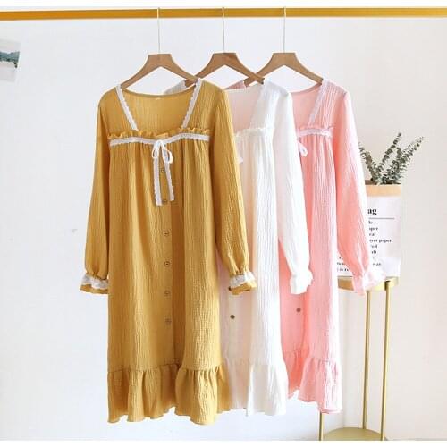 Fdfklak Spring New Nightgown Women Sleepwear Knee-Length Dress Gauze Cotton Vintage Nightdress Long Sleeve Sleeping Dress