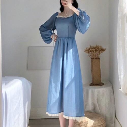 Bella Philosophy Wonder 2020 Vintage French Long Dress Solid Square Collar A-Line Dress Long Sleeve Maxi Dress Robe Vestidos