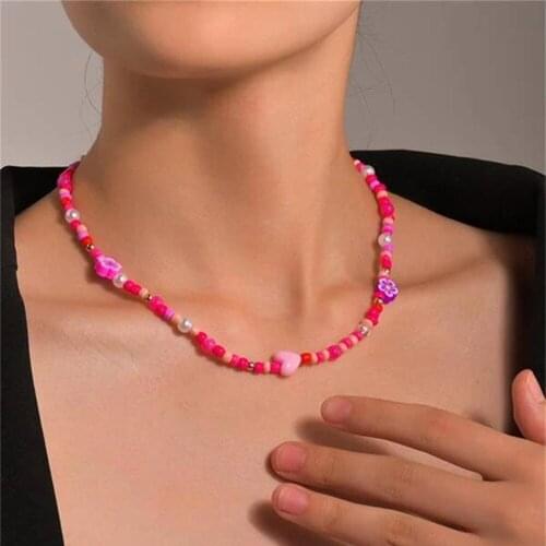 Vintage Cute Warm Color Beads Flower Chain Necklace For Women Simple Fashion Boho Ethnic Pastoral Style Choker Girls Jewelry