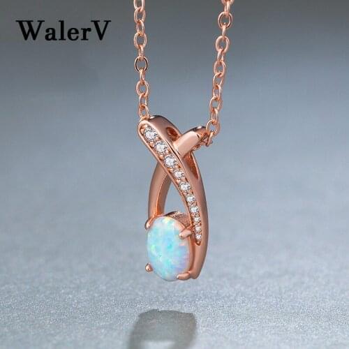 WalerV New for Womens Set Fashion Romantic Blue Imitation Five Opal Oval Rose Gold Pendant Necklace Wedding Jewelry Charm Gift