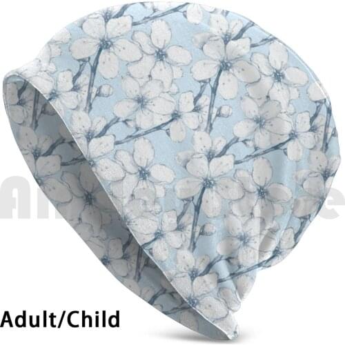 Japanese Garden. Blue Beanies Knit Hat Hip Hop Blooming Floral Flowers Spring Petal Leaf Blossom Asia Season Cherry