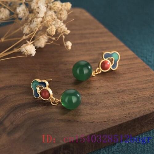 Green Jade Bead Ear Studs Jewelry Natural Crystal Earrings Amulet Gifts 925 Silver Zircon Chalcedony Women Gemstone Fashion