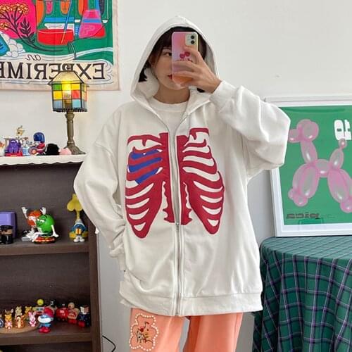 Y2K Womens Full Zip Hoodies Vintage E Girls Long Sleeve Heart Skeleton Print Loose Hooded Sweatshirts Fashion Streetwear