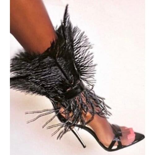 Hot Selling Summer Hot Woman Orange Pink White Black Feather Sandals 120 mm Stiletto Heels Party Clip Toe Fashion Sandals Shoes