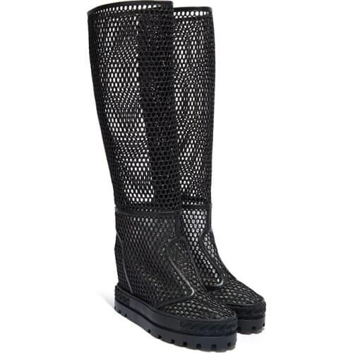 Summer Women Shoes Genuine Leather Black Hollow Out 10CM Wedge Heel Knee High Boots Female Platform Waterproof Botas De Mujer