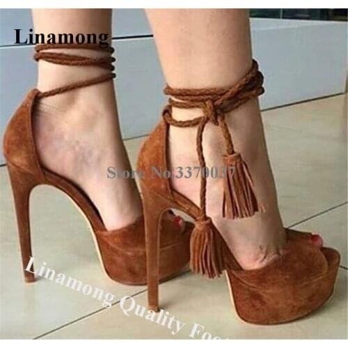 Linamong Women Elegant Fashion Peep Toe Suede Leather High Platform Stiletto Heel Pumps Ankle Straps Tassels High Heels Sandals