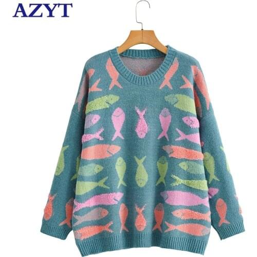 AZYT Autumn Winter O Neck Women Sweater Pullovers 2021 Chic Fish Print Loose Knitwear Jumpers Female Casual Winter Base Sweater