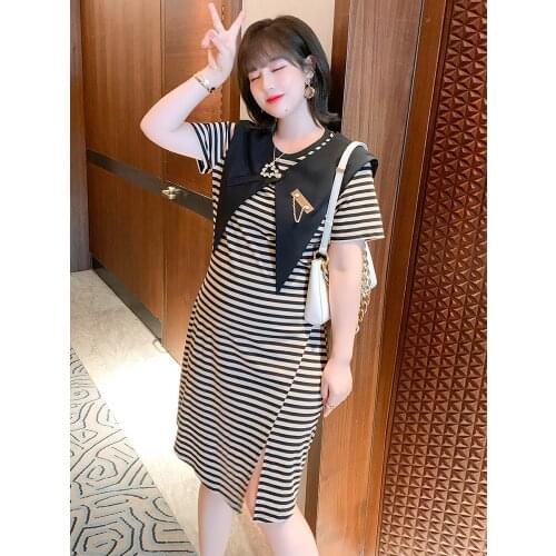 Detachable shawl badge contrast stripe split dress womens summer new