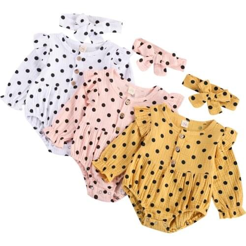 0-24M Infant Baby Girl Sweet Romper Headband 2pcs Ruffle Shoulder Dot Print Long Sleeve Jumpsuit Playsuit Fall Outfits