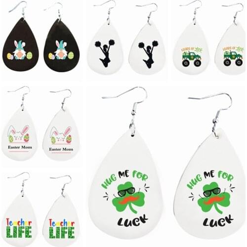 Wholesale Leather Teardrop Earrings 12Pairs /Sets For Easther Rabbit Cheers Teacher LIfe Luck St Patricks Day Faux Leather