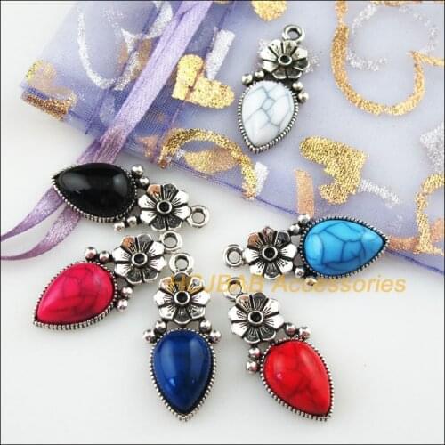 12Pcs Tibetan Silver Color Mixed Flower Stone Teardrop Charms Pendants 13.5x29mm