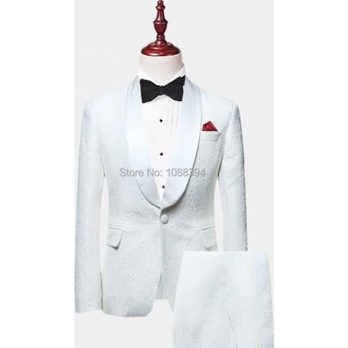 2019 New Arrival White Paisley Mens Suits Groom Tuxedos Groomsmen Wedding Party Dinner Best Man Suits (Coat+Pants+Bow)