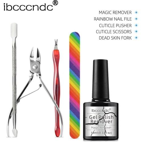 5pcs/Lot 10ml Magic Nail Remover Brust Removal Liquid With Rainbow Nail File Stainless Steel Cuticle Nail Pusher Cuticle