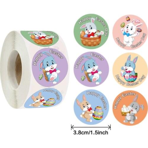 500pcs/roll 3.8cm Cute Rabbit Happy Easter Day Stickers Easter Party Decorations Gift Greeting Card Labels Planner Stickers