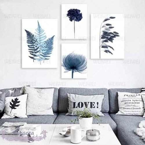 Watercolor Blue Botanical Leaf Poster Minimalist Nordic Flowers Plant Canvas Painting Wall Art Pictures for Living Room Decor