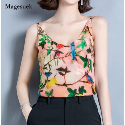 2021 Summer Women Fashion Blouse V-neck Sling Flower Bird Print Tops for Women Elegant Sexy Loose Sleeveless Blouse Blusa 15576