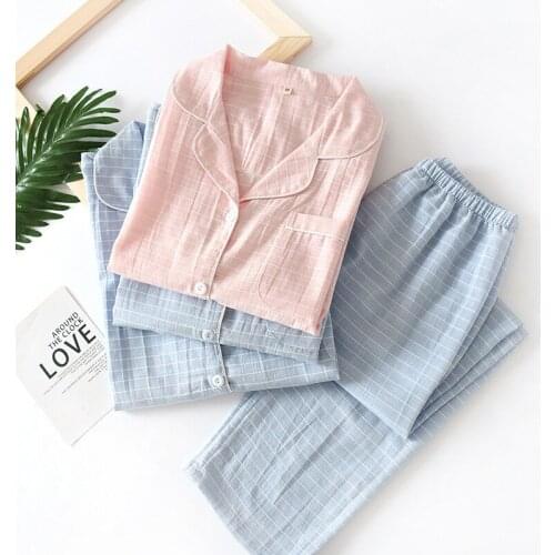 Fdfklak Cotton Plaid COUPLE Pajamas Sleeping Wear Pyjama Spring Autumn Long Sleeve Pair Pajamas For Adults Sleepwear Pijama