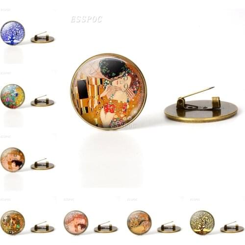 Gustav Klimt The Kiss Brooch Glass Cabochon Copper Brooch Pins Women Men Vintage Brooches Clothes Accessories