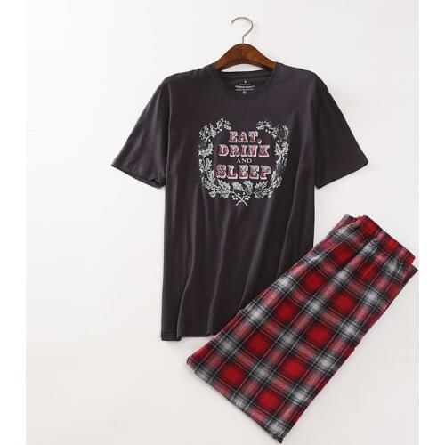 Mens 100% Cotton Short-sleeved Trousers Plus Size Pajamas O-Neck Pyjamas Print Sleepwear Two Piece Set Pijama for Mans 105kg