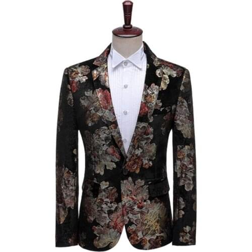 Mens suit jacket velvet black bottom printing stage performance single host singer photo studio clothes black fashion
