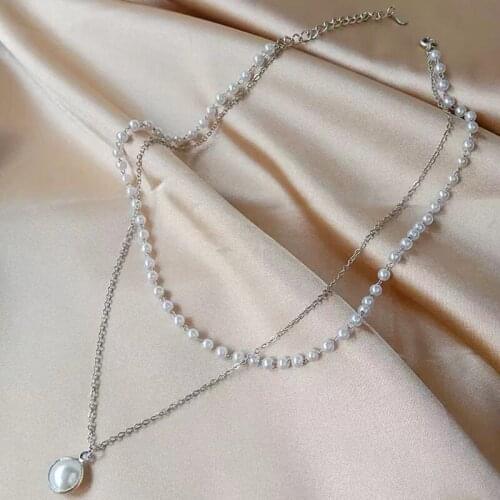 2021 New Fashion Kpop Pearl Choker Necklace Cute Double Layer Chain Pendant For Women Jewelry Girl Gift