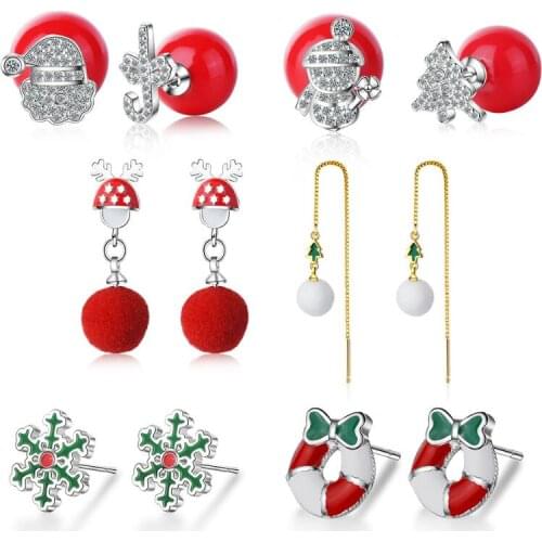 New Bells Snowflakes Elk Christmas Tree Gift Box Fluff Ball Zircon Earrings Trend Creative Jewelry SAE79