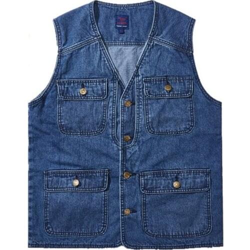 Casual Fishing Vest with Many Pockets Plus Size 4Xl Outdoors Waistcoat Denim Vest Men Cotton Sleeveless Jackets Blue