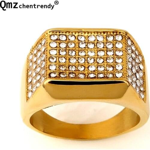 Titanium Square Side Paved Ring Full Cubic Zirconia Gold Rings Hip Hop Rock Jewelry Bar Club For Men Women Birthday Wedding Gift