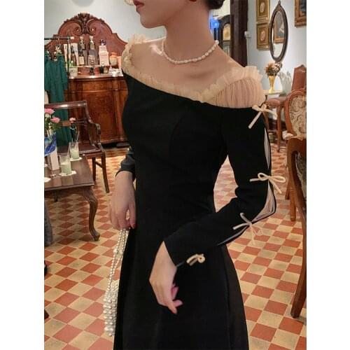 Vintage Elegant Evening Party Dresses Ladies Black Korean Fashion One-piece Dress Women Long Sleeve France Retro Sweet Dress New