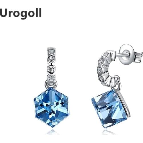 Hot Sale Genuine 100% 925 Sterling Silver Blue Crystal Stud Earrings for Women Fashion Earrings Party & Wedding Jewelry Gifts
