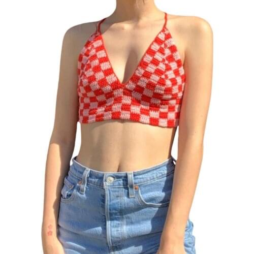 Womens Halter Crop Cami Tops Sleeveless Self-Tie Backless Checkerboard Print Crochet Camisole