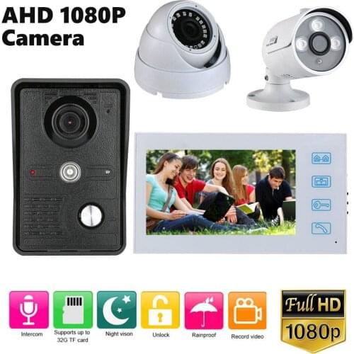 1080P Video Intercom System 7 inch Record Video Touch Monitor Wired Video Door Phone Doorbell Kits with 2CH AHD 1080P Camera