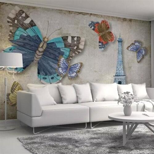 Beibehang Custom wallpaper 3d photo mural modern nostalgic retro butterfly paris tower background wall paper 3d papel de parede