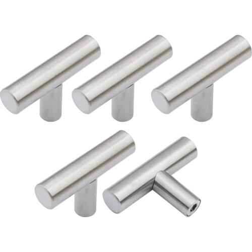5 PCS Brushed Nickel Cabinet Knobs, T Style Drawer Stainless Steel Kitchen Furniture Hardware Round Tube Cupboard Door Handles