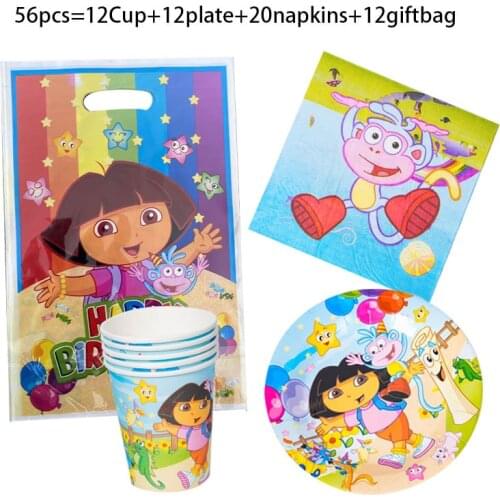 56pcs Dora the Explorer Birthday Party Supplies Party Decoration Disposable Party Tableware Napkin Plate Tablecloth Girls gift