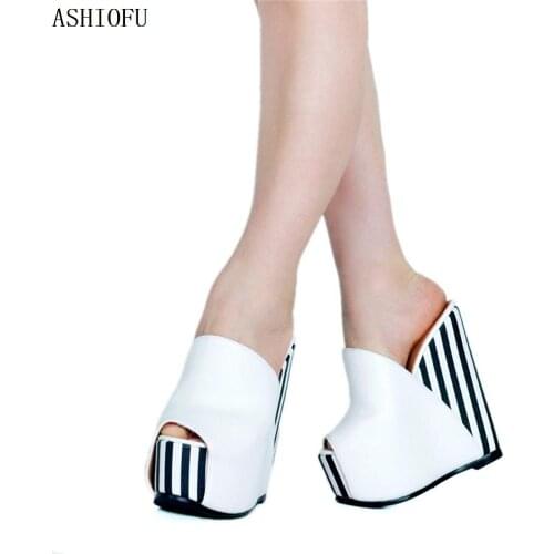ASHIOFU Handmade Womens Wadge Heel Sandals Peep-toe Night-Club Party Easy Shoes Sexy Platform Large Size Fashion Evening Sandals