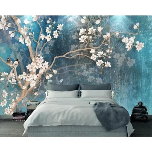Beibehang Custom wallpaper retro hand-painted magnolia Birds and flowers background wall retro blue oil painting 3d wallpaper