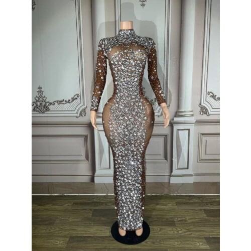 Sparkly Silver Big Rhinestone Transparent Long Dress Evening Birthday Celebrate Luxurious Costume Dancer Flashing Dress