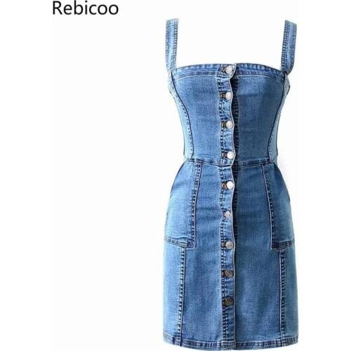 Spaghetti Strap Jeans Dress Women Single Row Button High Waist Denim Casual Dress Fashion Slim High Street Mini Vestidos