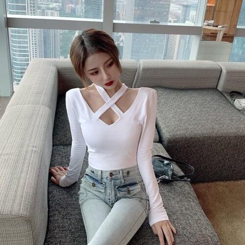 V-neck Cross Hanging Neck Design Feeling T-shirts Autumn Winter Bottoming Shirt Slim Sexy Low Chest Open Back Women Clothing