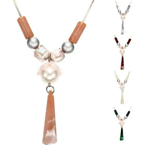 Fashion Geometric Cylindrical Acylic Necklaces Imitation Pearls Flower Sweater Chain Necklace for Woman Charm Jewelry