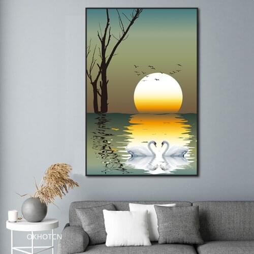Cartoon Nordic Aesthetic Minimalist Sunset Swan Lake Scenery Wall Artwork Decorative Home Picture Painting Poster Decoration