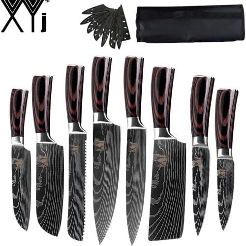 XYj Damascus Stainless Steel Knife Set with Roll Bag High Quality Damascus Pattern Blade Chef Meat Cleaver Kitchen Accessories