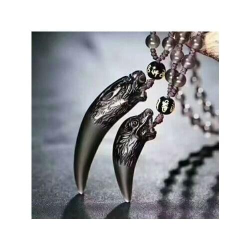 Natural Ice Black Obsidian Stone Pendant Spike Wolfs Fang Women Mens Amulet Lucky Jades Jewelry Pendants With Free Rope