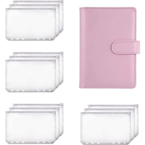 A6 Binder Planner Pink Notebook Binder and 12 Pieces 6 Hole Binder Zipper Folder,Binder Pockets Cash Envelope Wallet